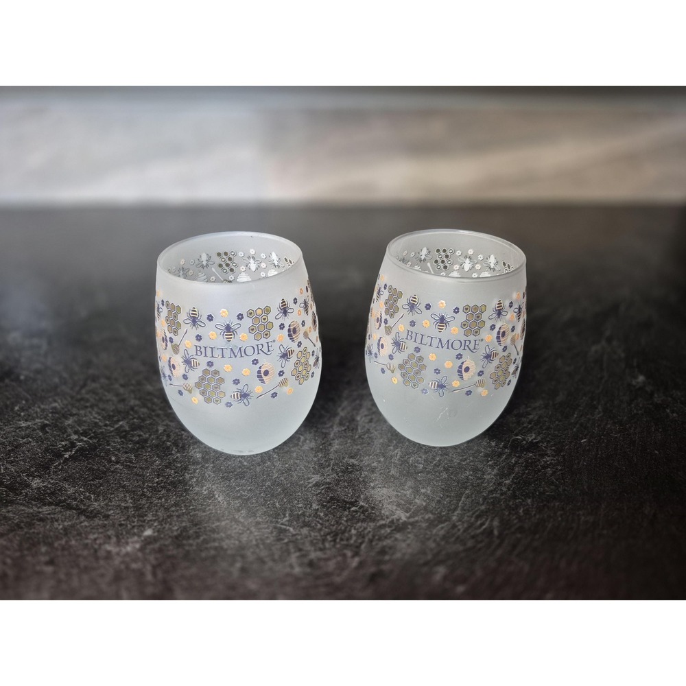 Biltmore Estate Bee Wine Glasses Set 2 Stemless Frosted Honeycomb Asheville‎ NC